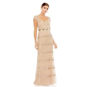Mac Duggal 4 nude gold Cap Sleeve Embellished Column Gown dress sequin prom gala